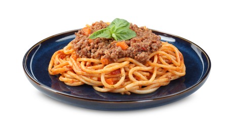 Photo of Delicious pasta bolognese with basil isolated on white