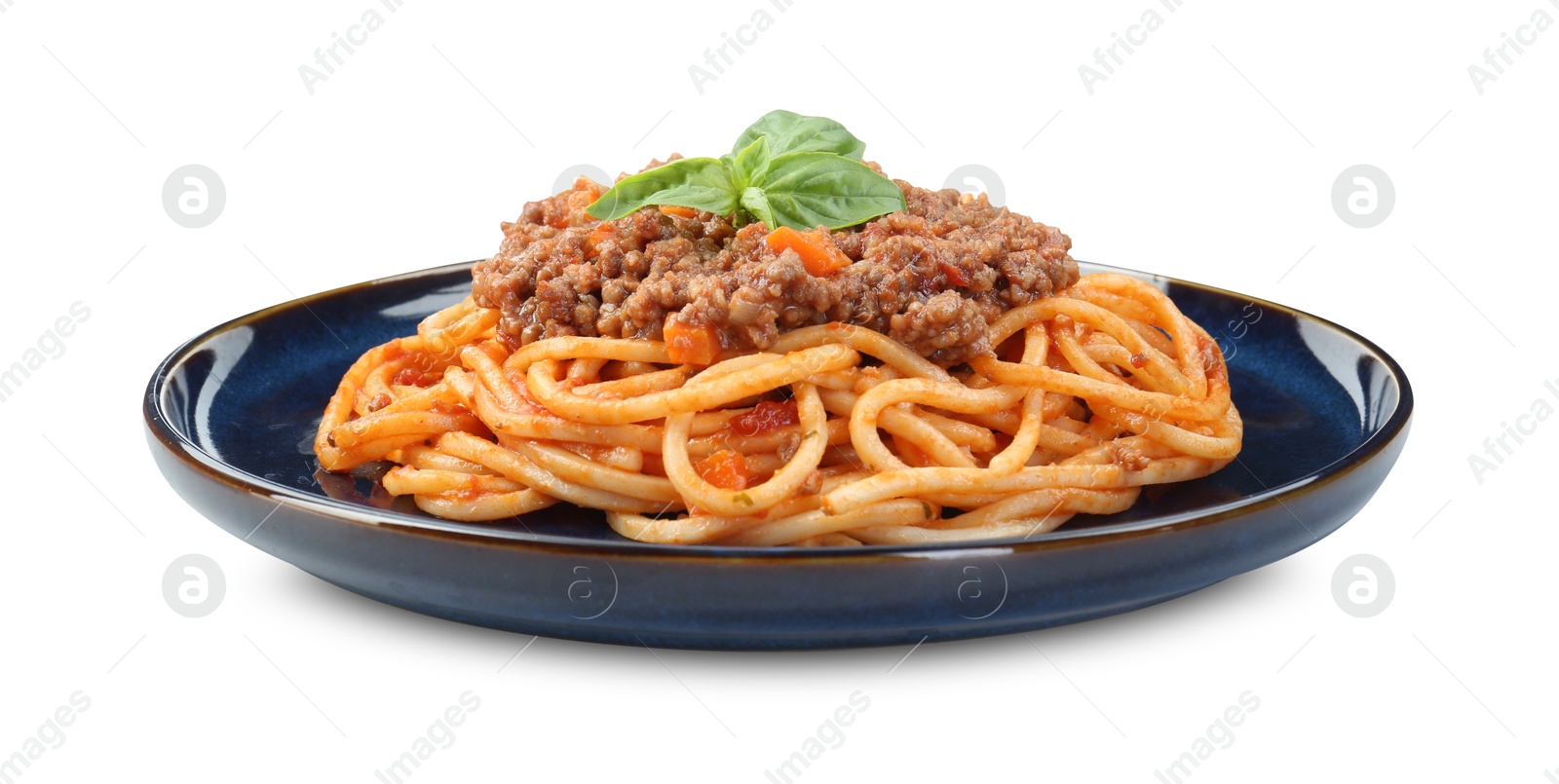 Photo of Delicious pasta bolognese with basil isolated on white