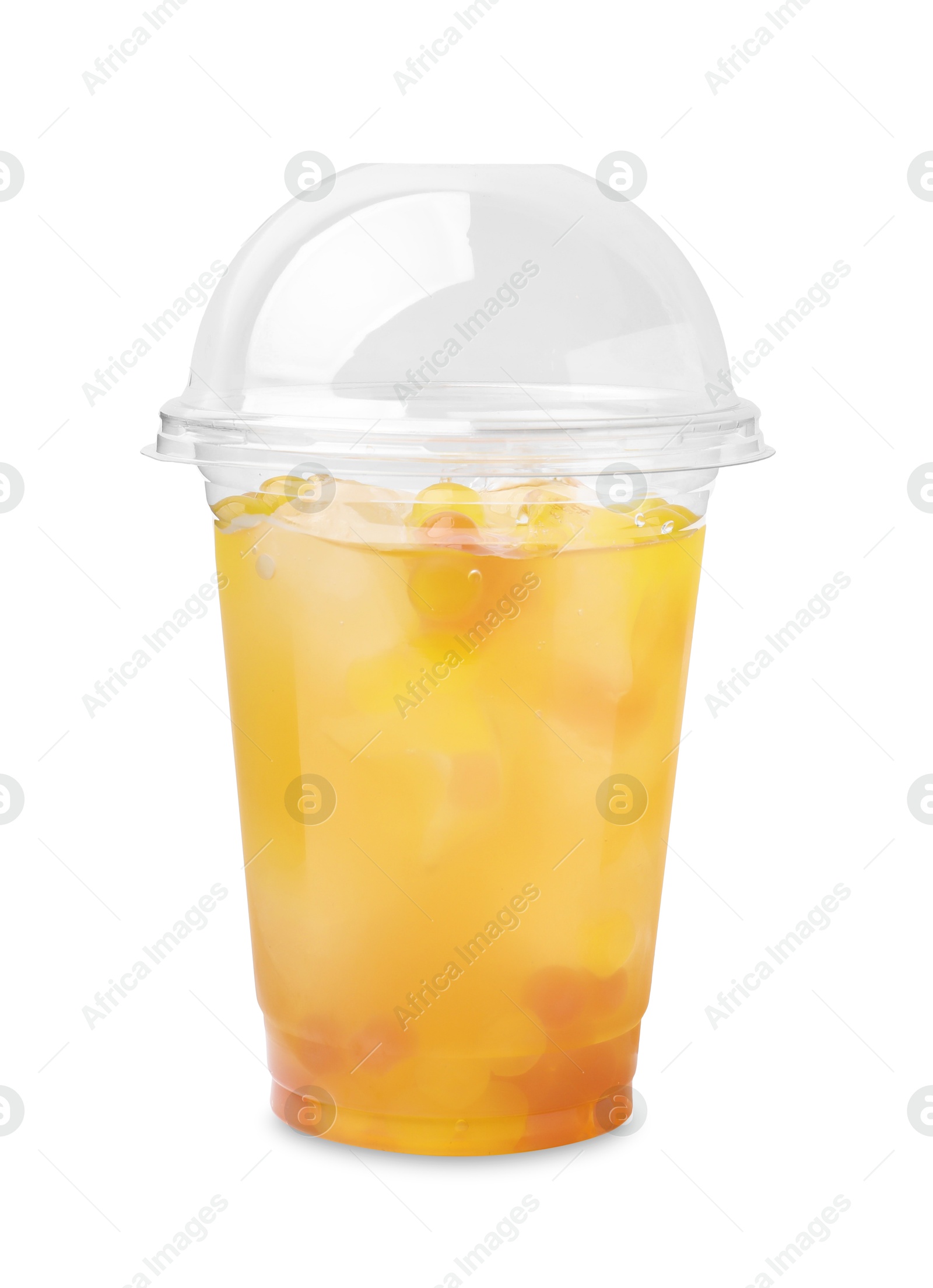 Photo of Tasty bubble tea in plastic cup isolated on white