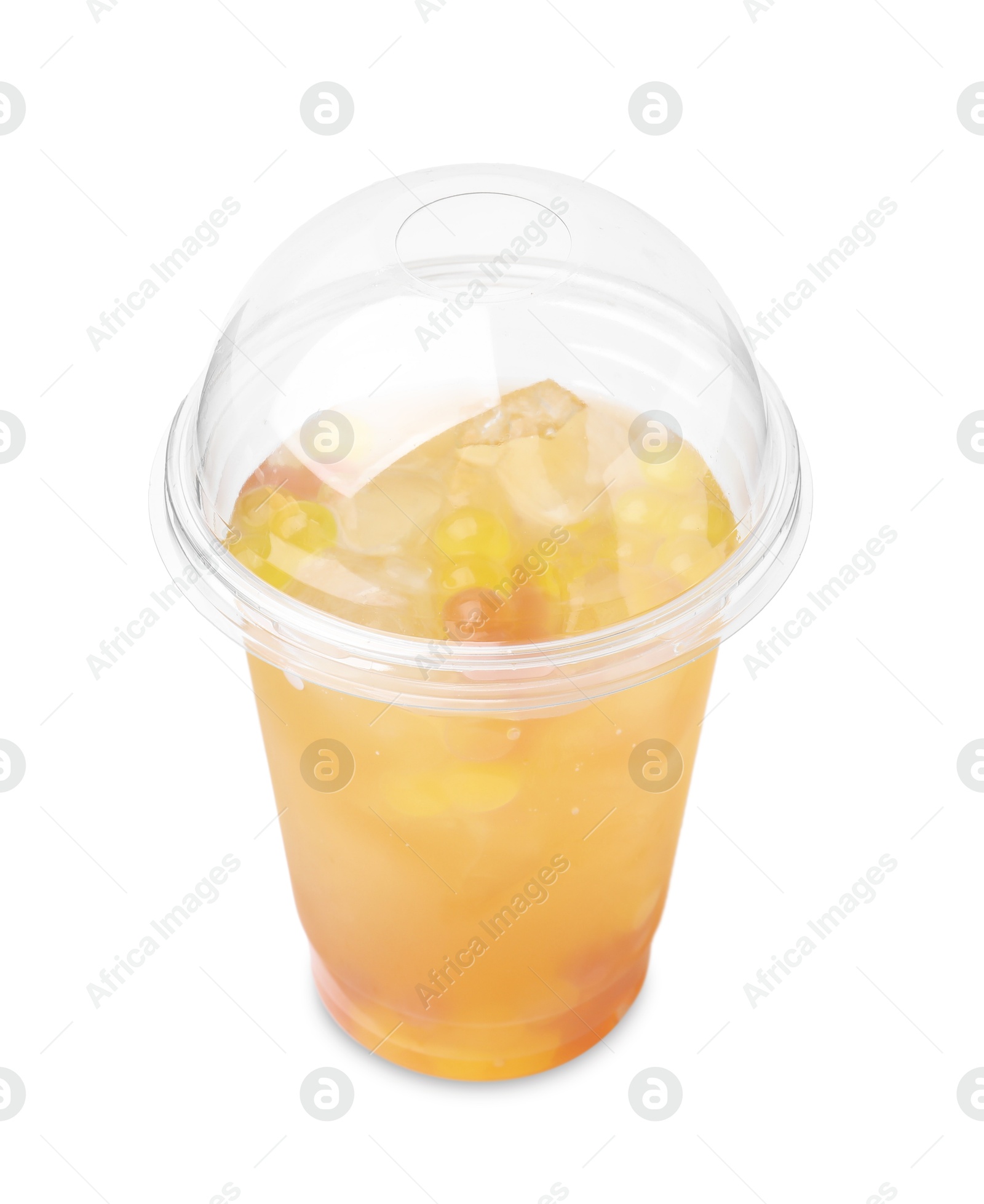 Photo of Tasty bubble tea in plastic cup isolated on white