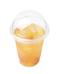 Tasty bubble tea in plastic cup isolated on white