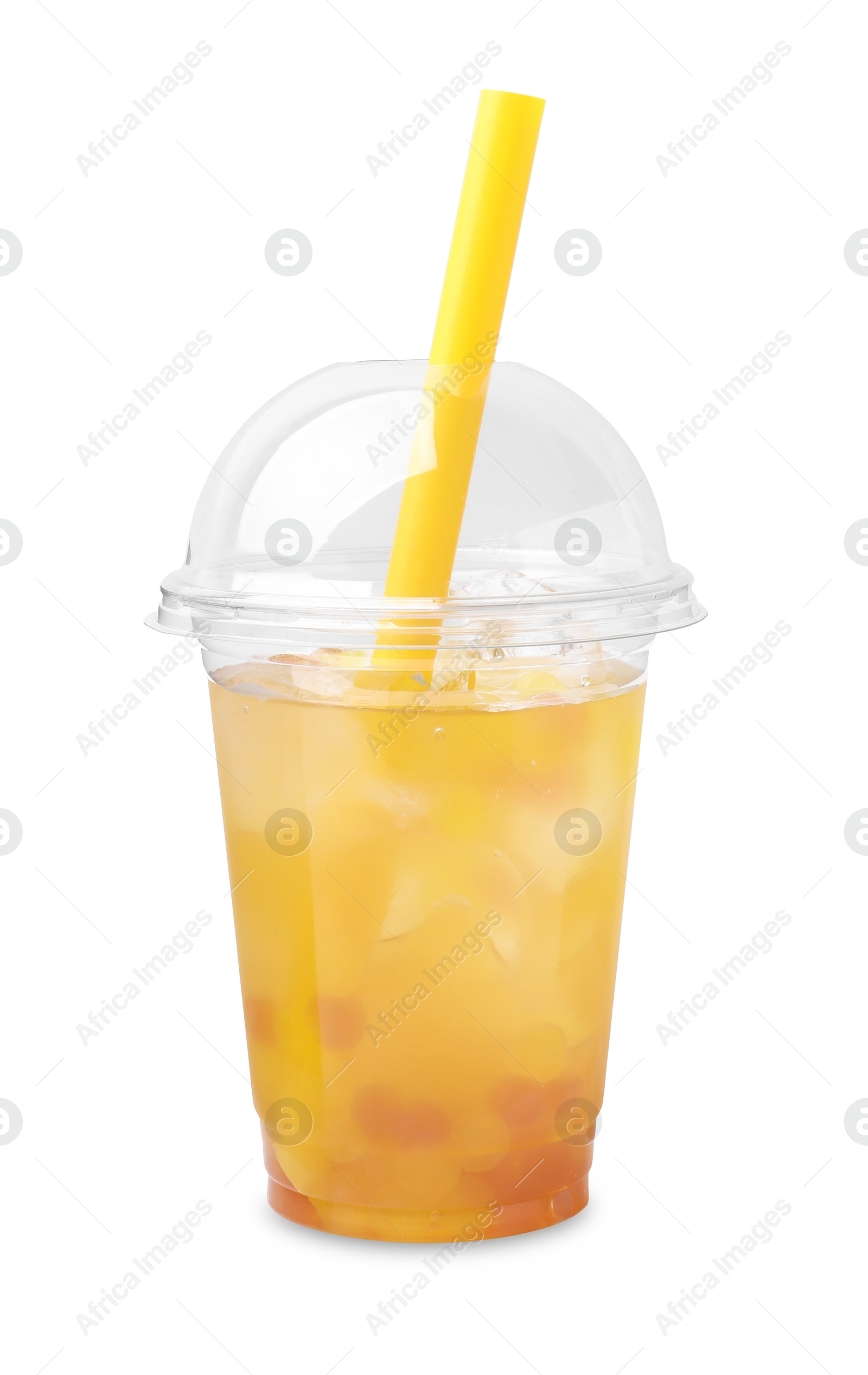 Photo of Tasty bubble tea in plastic cup isolated on white