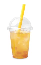 Tasty bubble tea in plastic cup isolated on white