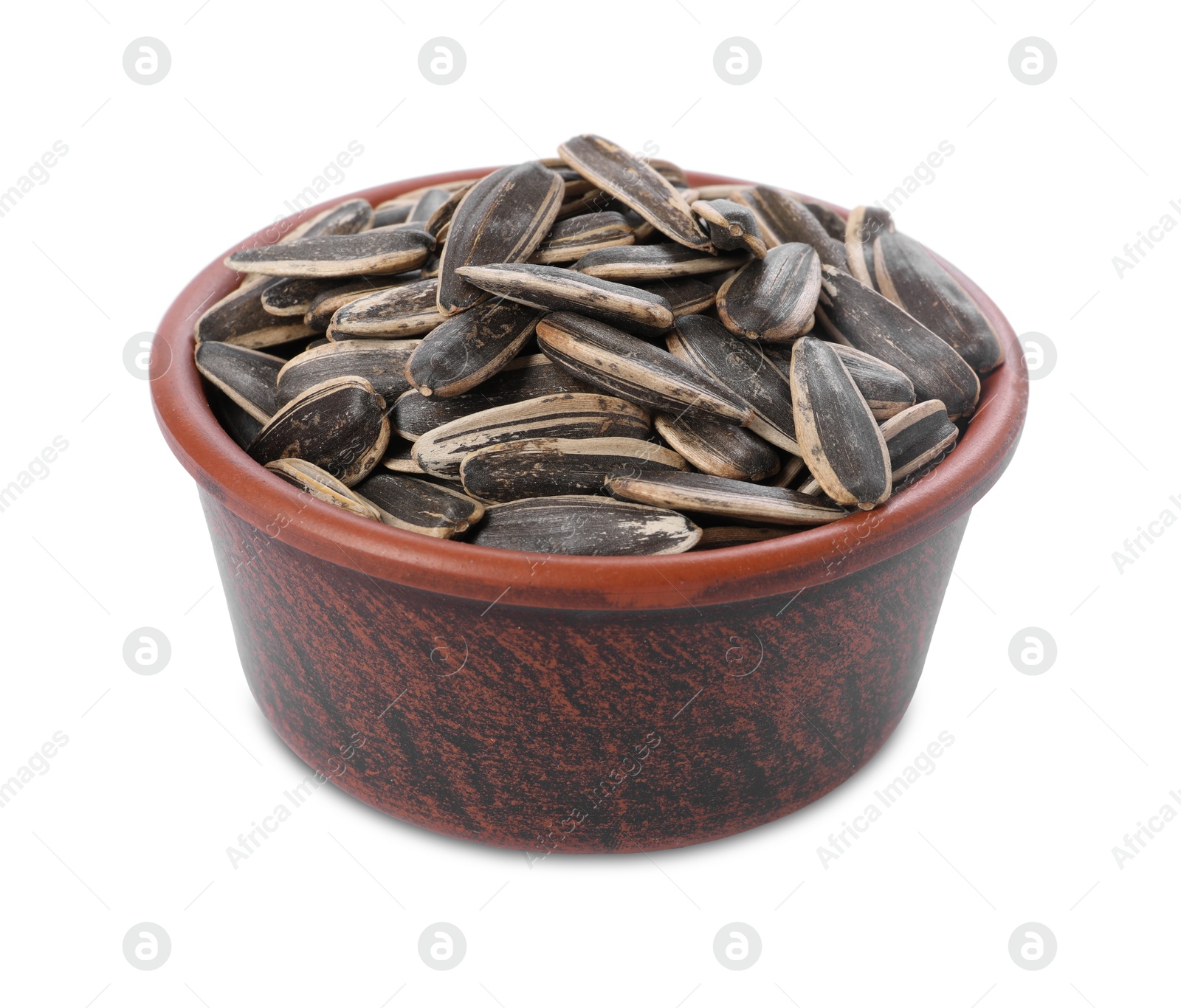 Photo of Sunflower seeds in bowl isolated on white