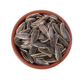 Photo of Sunflower seeds in bowl isolated on white, top view