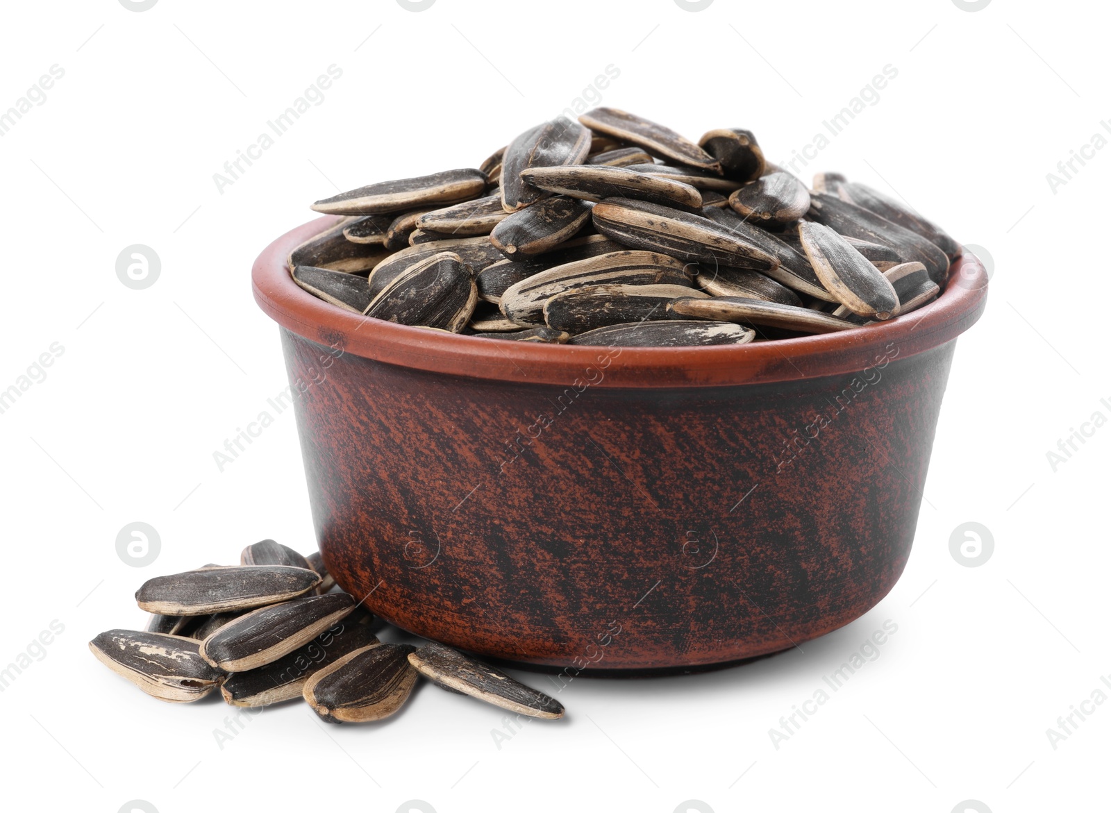 Photo of Sunflower seeds in bowl isolated on white