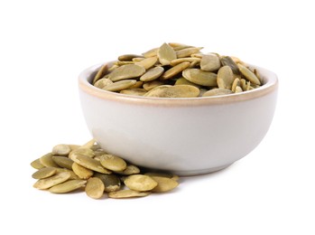 Photo of Peeled pumpkin seeds in bowl isolated on white