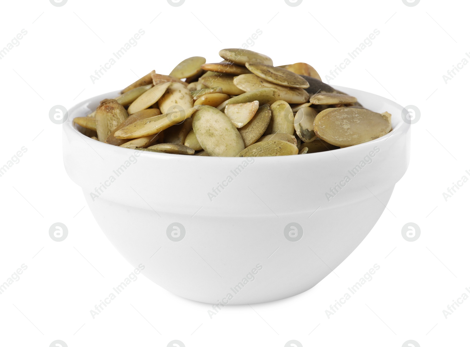 Photo of Peeled pumpkin seeds in bowl isolated on white