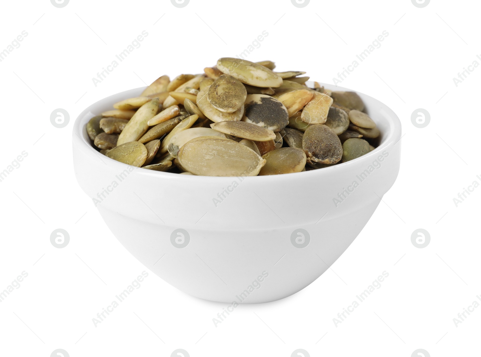 Photo of Peeled pumpkin seeds in bowl isolated on white