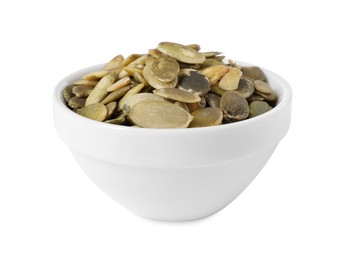 Peeled pumpkin seeds in bowl isolated on white