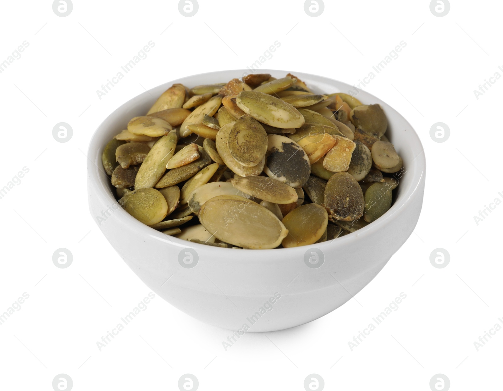 Photo of Peeled pumpkin seeds in bowl isolated on white