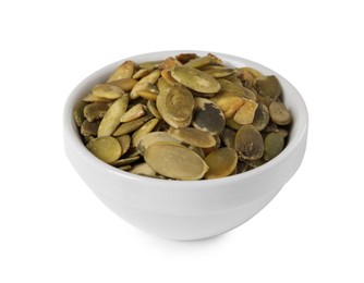 Photo of Peeled pumpkin seeds in bowl isolated on white