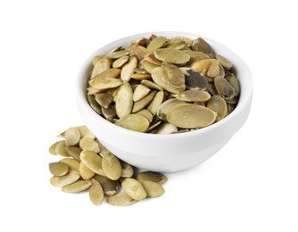 Photo of Peeled pumpkin seeds in bowl isolated on white