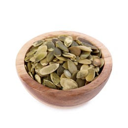 Photo of Peeled pumpkin seeds in wooden bowl isolated on white