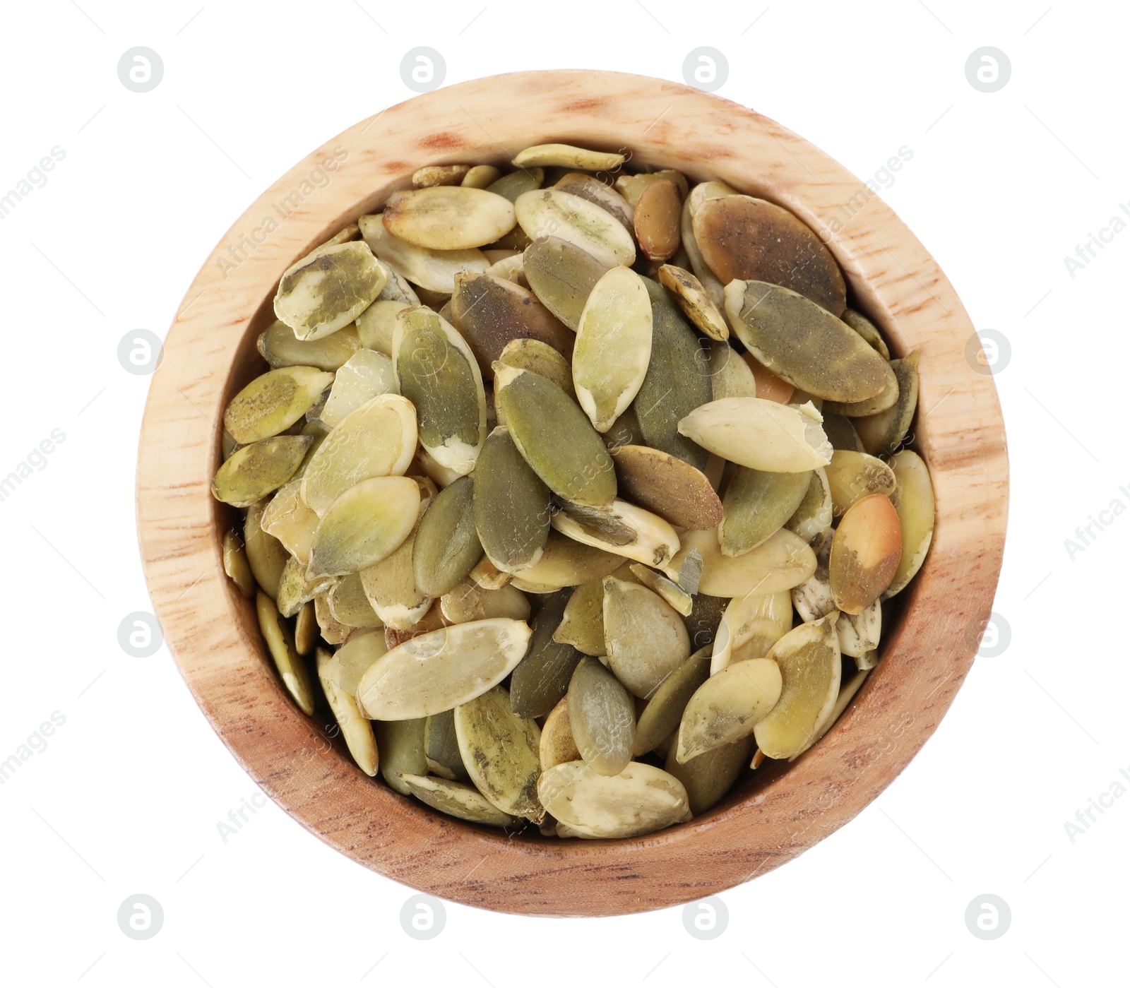 Photo of Peeled pumpkin seeds in wooden bowl isolated on white, top view