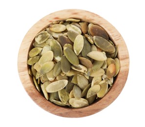 Photo of Peeled pumpkin seeds in wooden bowl isolated on white, top view