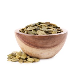 Photo of Peeled pumpkin seeds in wooden bowl isolated on white