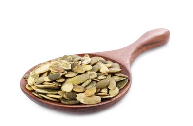 Photo of Peeled pumpkin seeds in wooden spoon isolated on white