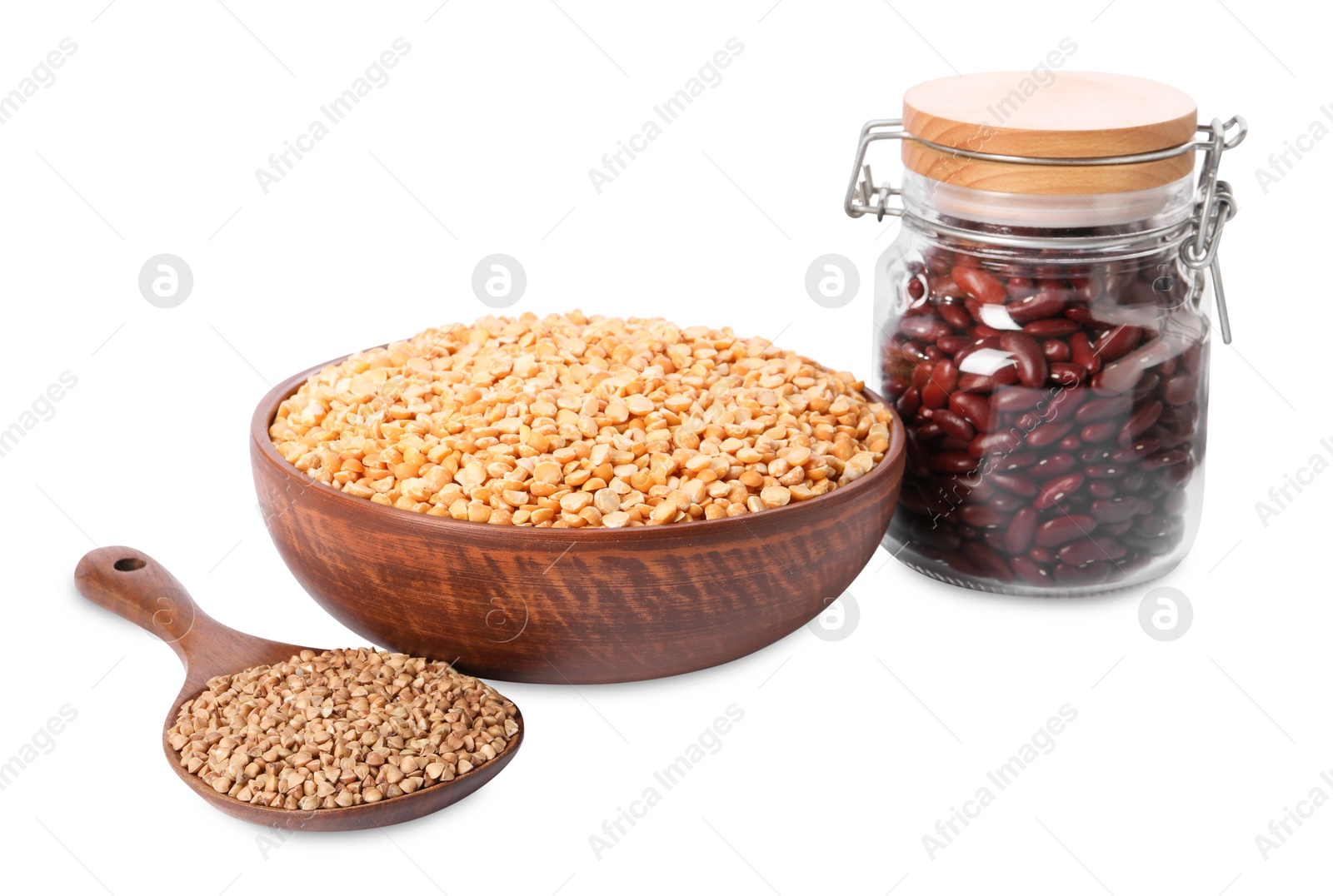 Photo of Different legumes and buckwheat isolated on white