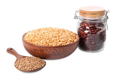 Photo of Different legumes and buckwheat isolated on white