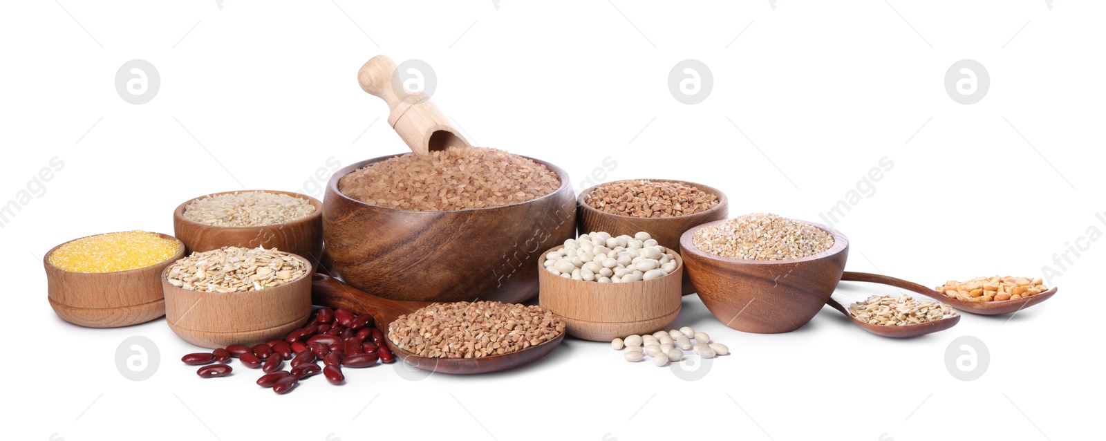 Photo of Different types of cereals and legumes isolated on white