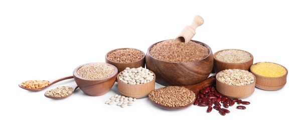 Photo of Different types of cereals and legumes isolated on white