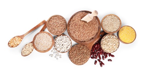 Different types of cereals and legumes isolated on white, top view