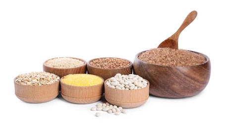 Photo of Different types of cereals and legumes isolated on white