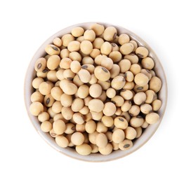 Soy beans in bowl isolated on white, top view