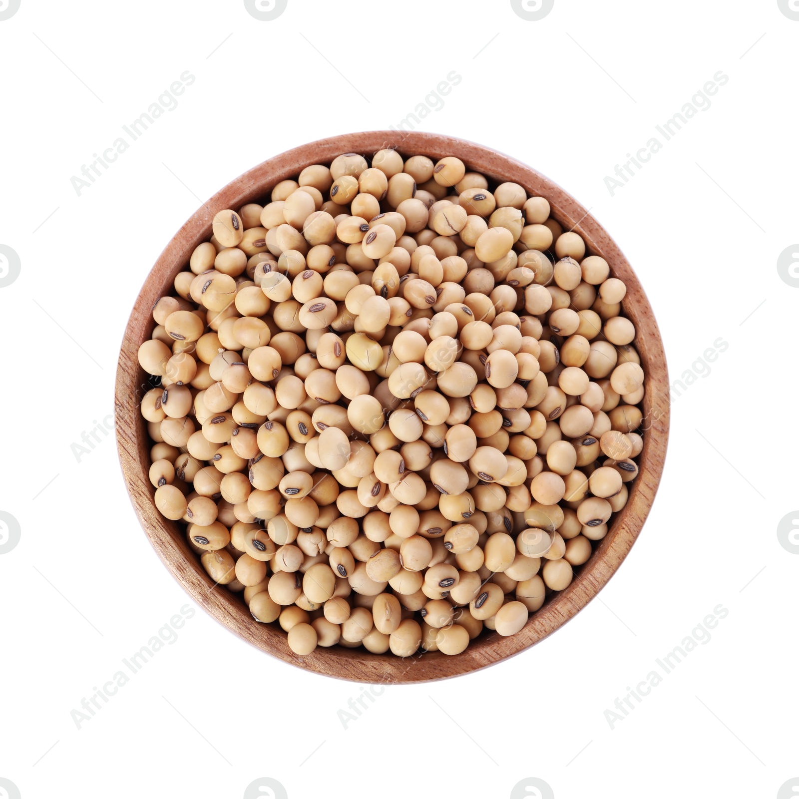 Photo of Soy beans in bowl isolated on white, top view