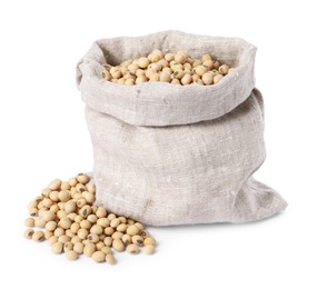 Photo of Soy beans in burlap sack isolated on white