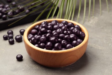 Photo of Ripe acai berries in bowl on grey textured table, closeup