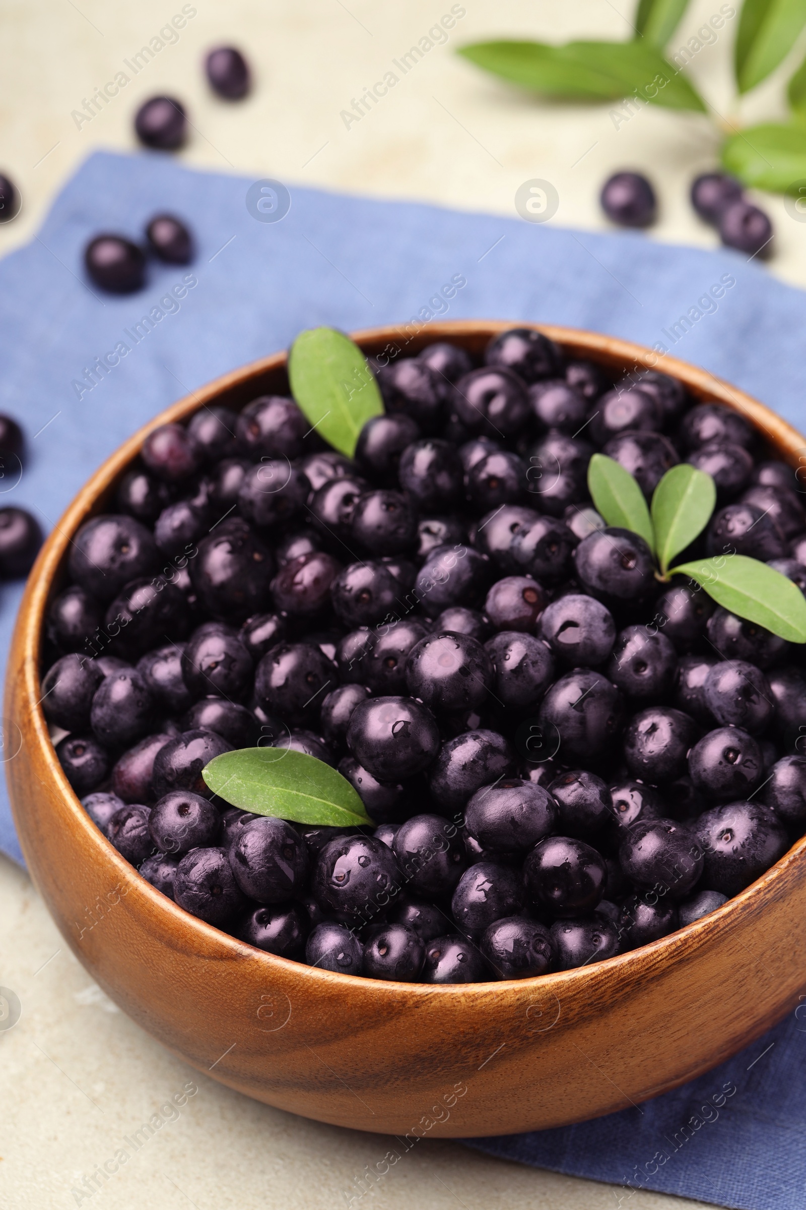 Photo of Ripe acai berries and leaves in bowl on grey table, closeup