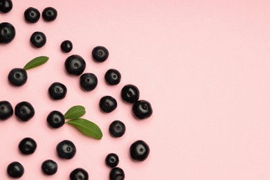 Photo of Ripe acai berries and leaves on pink background, flat lay. Space for text