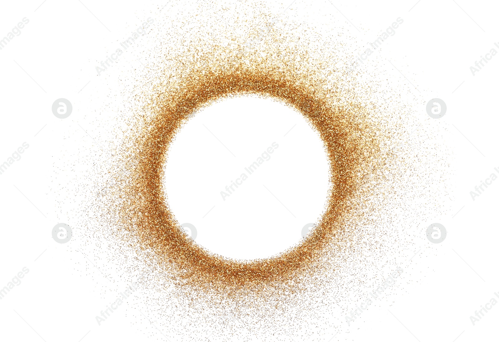 Photo of Circle of shiny golden glitter isolated on white, top view