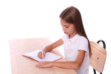 Photo of Girl with correct posture and notebook sitting at wooden desk on white background