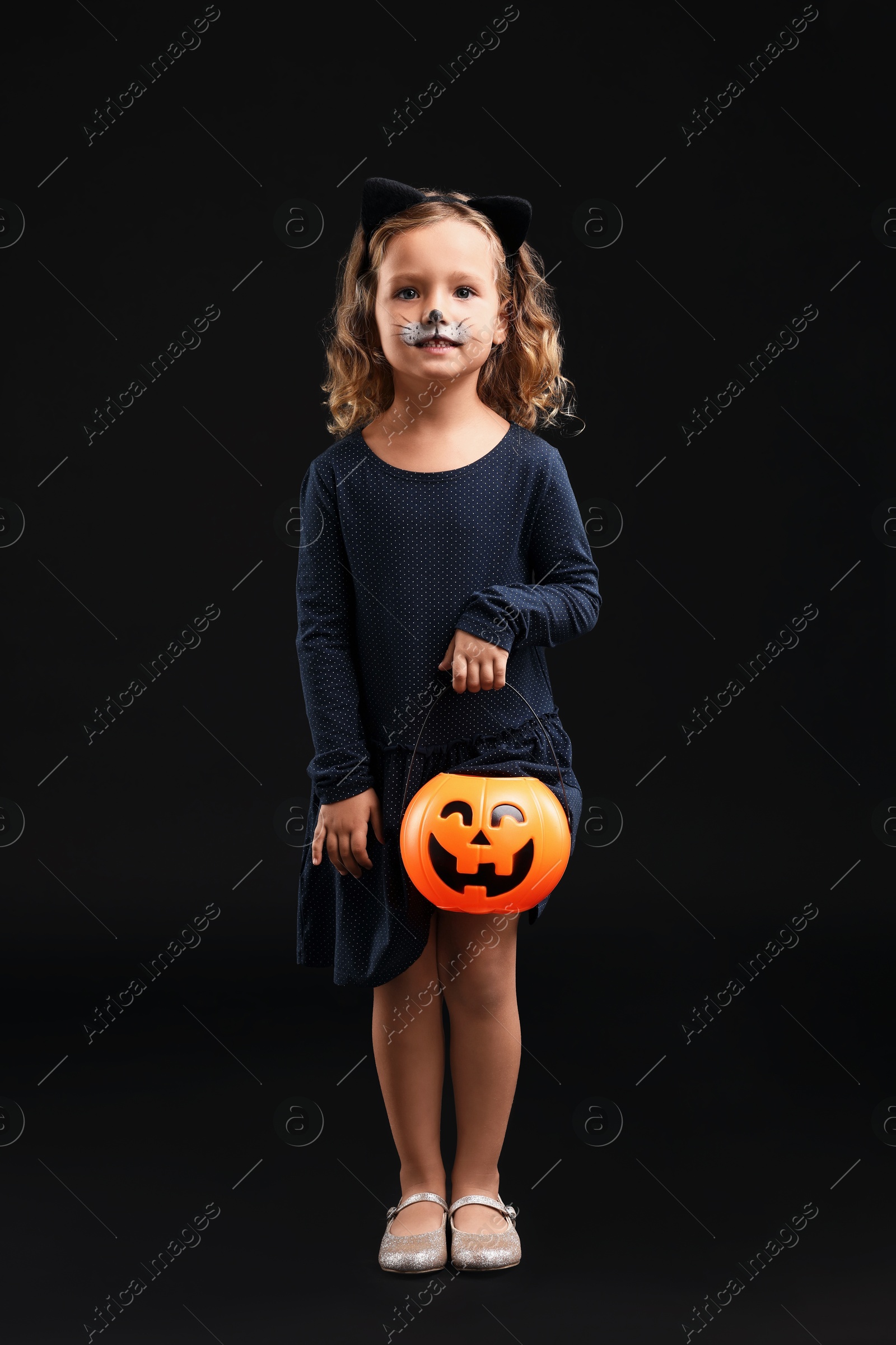 Photo of Cute girl with pumpkin bucket dressed like cat for Halloween celebration on black background