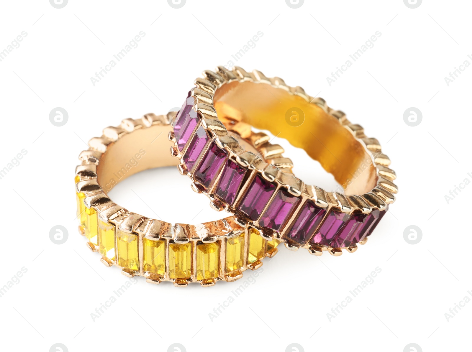 Photo of Beautiful bijouterie. Stylish rings isolated on white