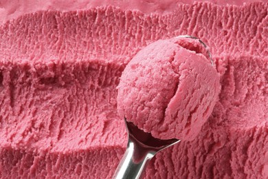 Scoop with tasty watermelon sorbet, top view