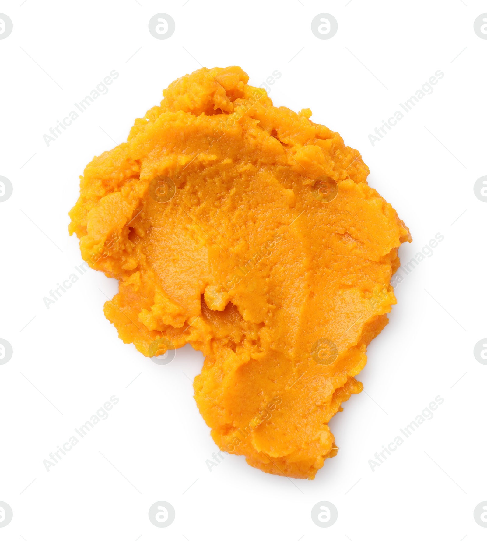 Photo of Delicious mashed sweet potatoes isolated on white, top view