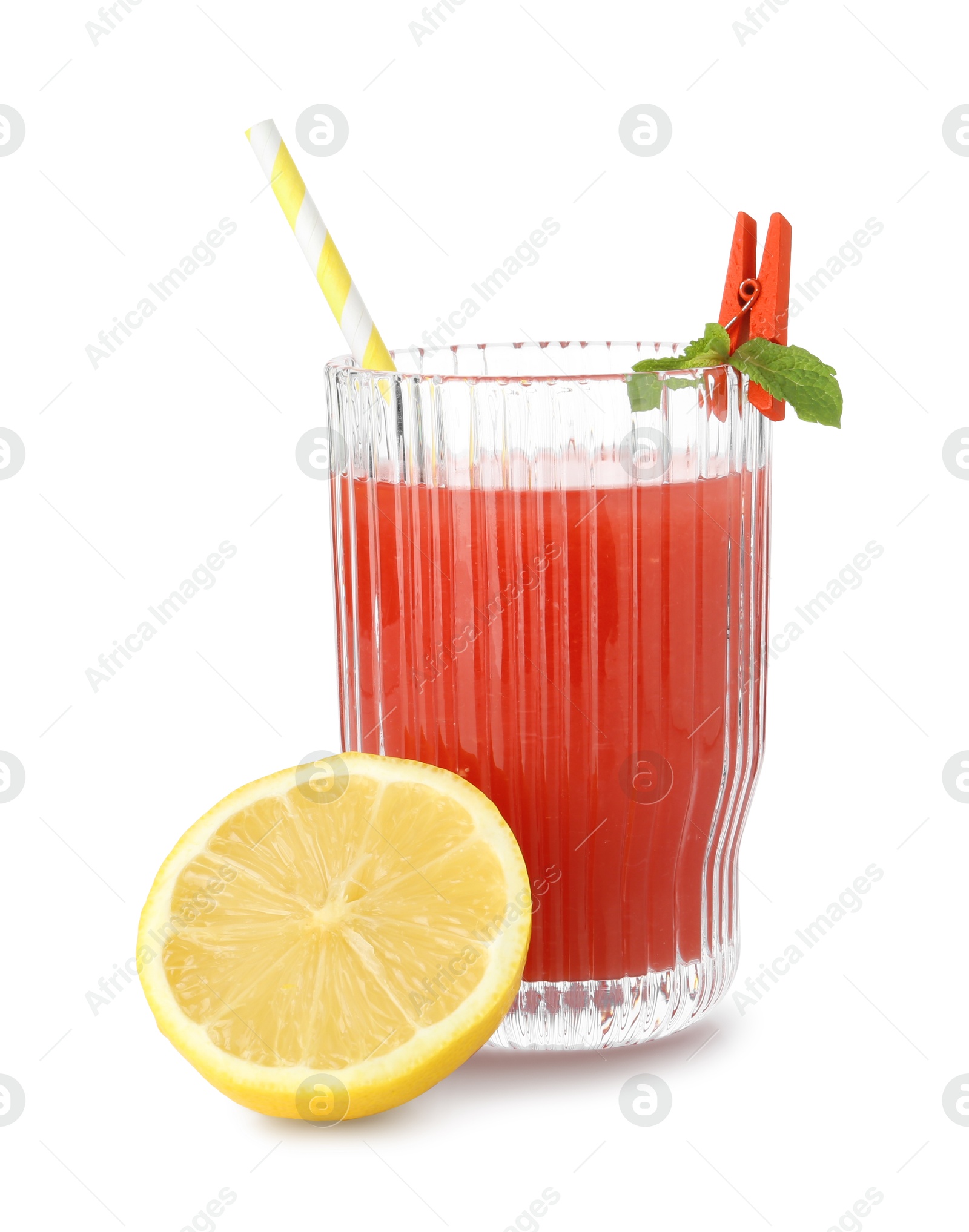 Photo of Tasty watermelon drink in glass and lemon isolated on white