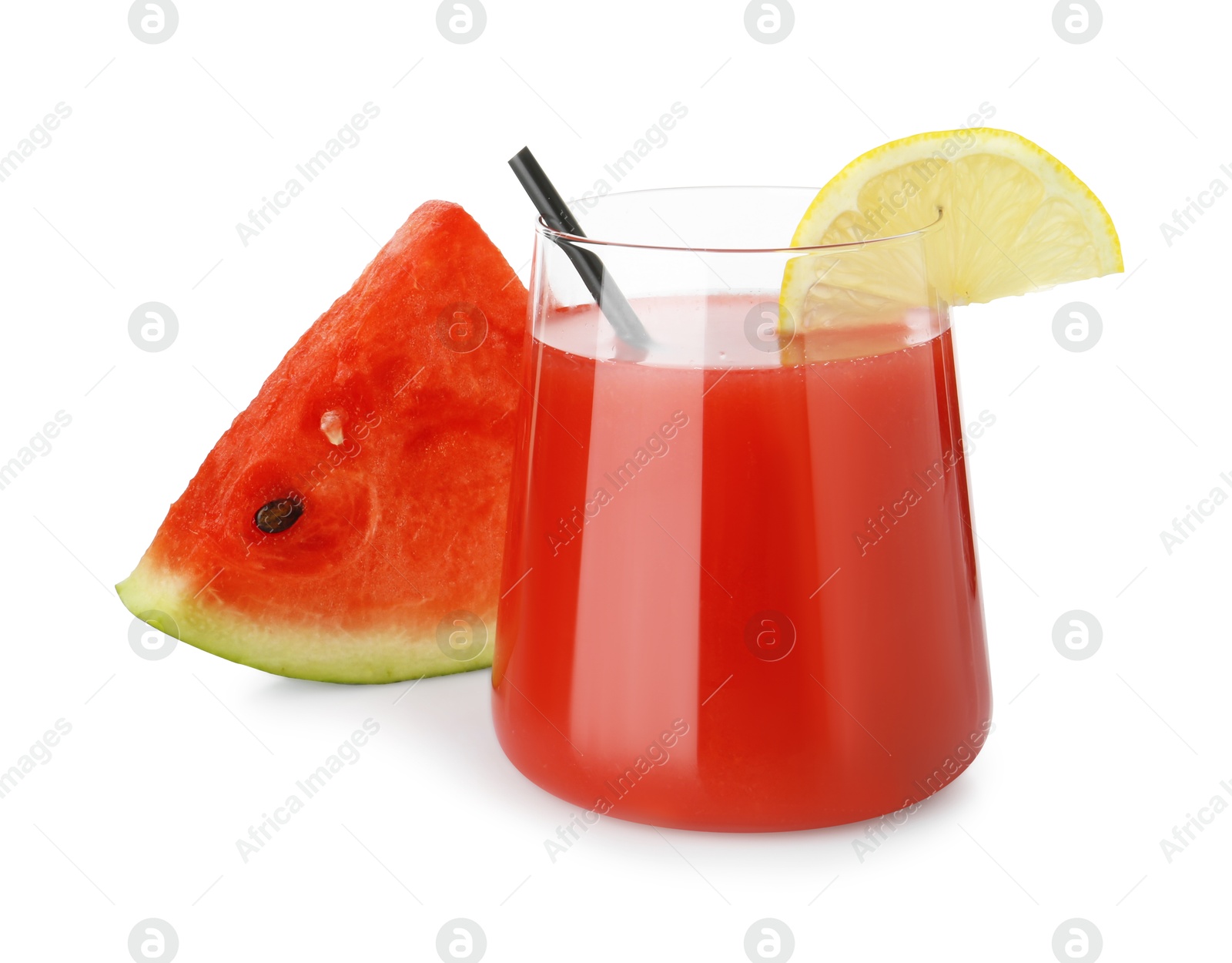 Photo of Delicious watermelon drink in glass and fresh fruit isolated on white