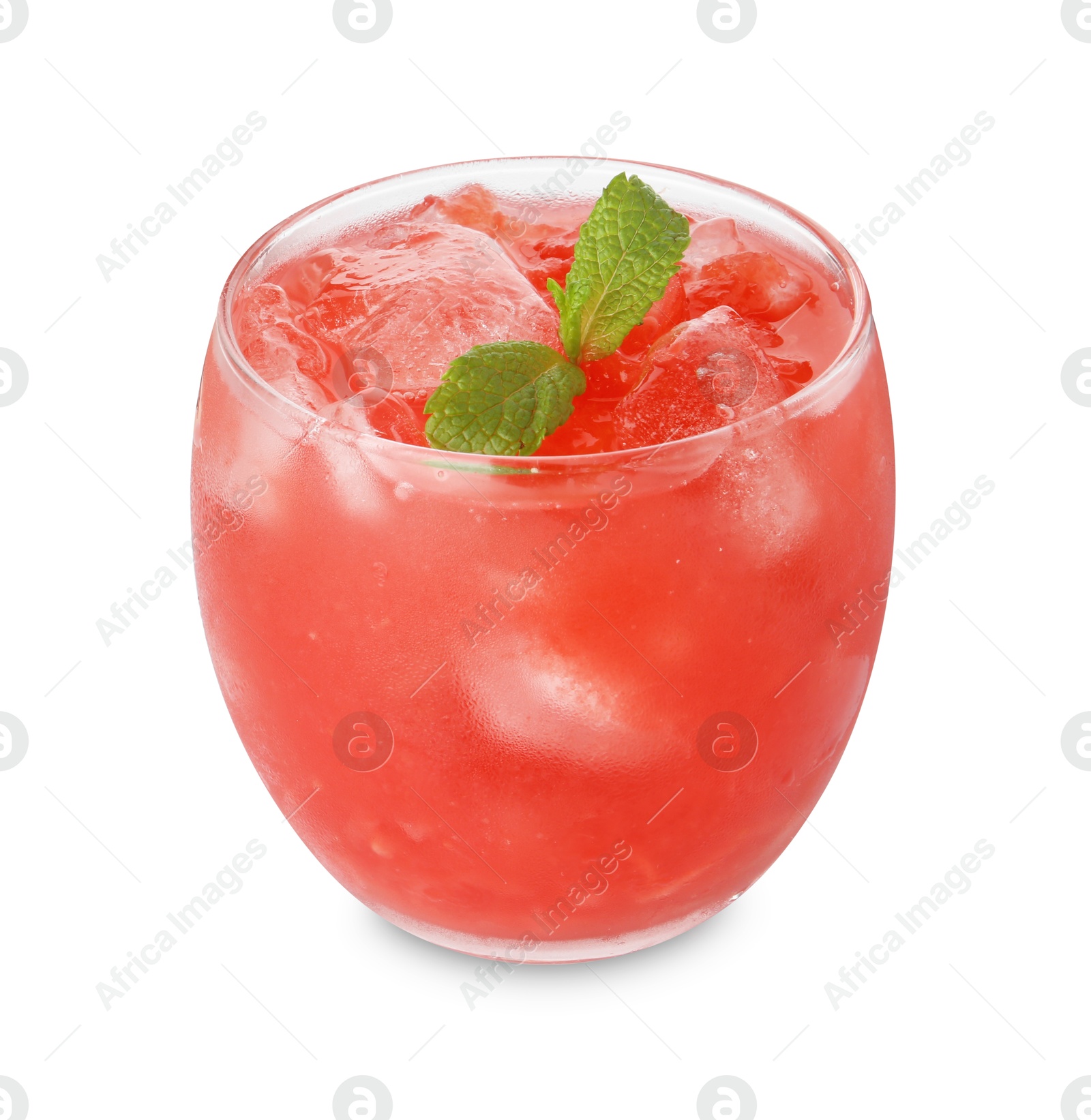 Photo of Tasty watermelon drink in glass and mint isolated on white