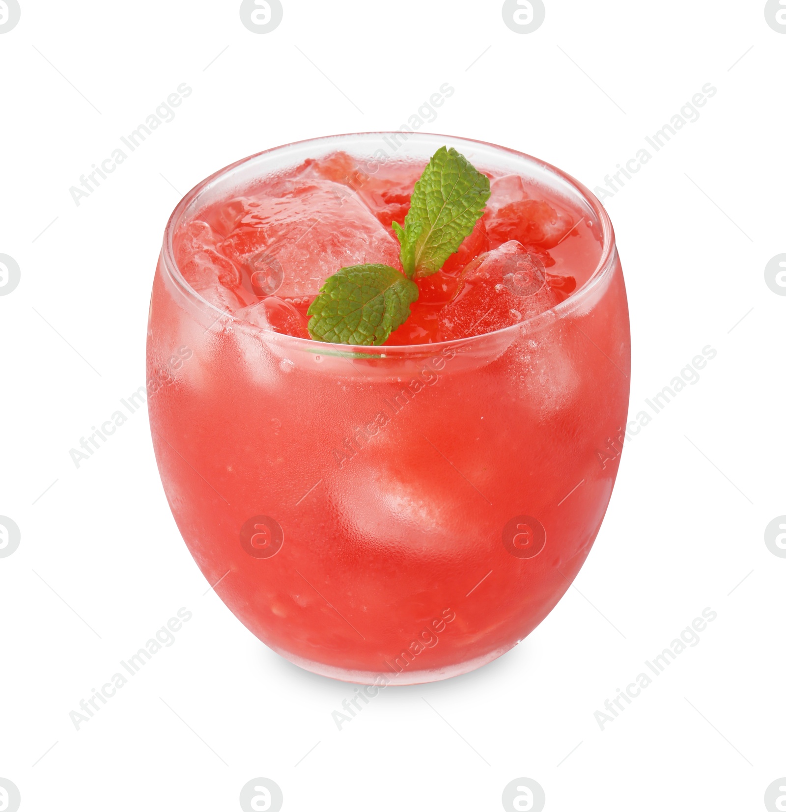 Photo of Tasty watermelon drink in glass and mint isolated on white