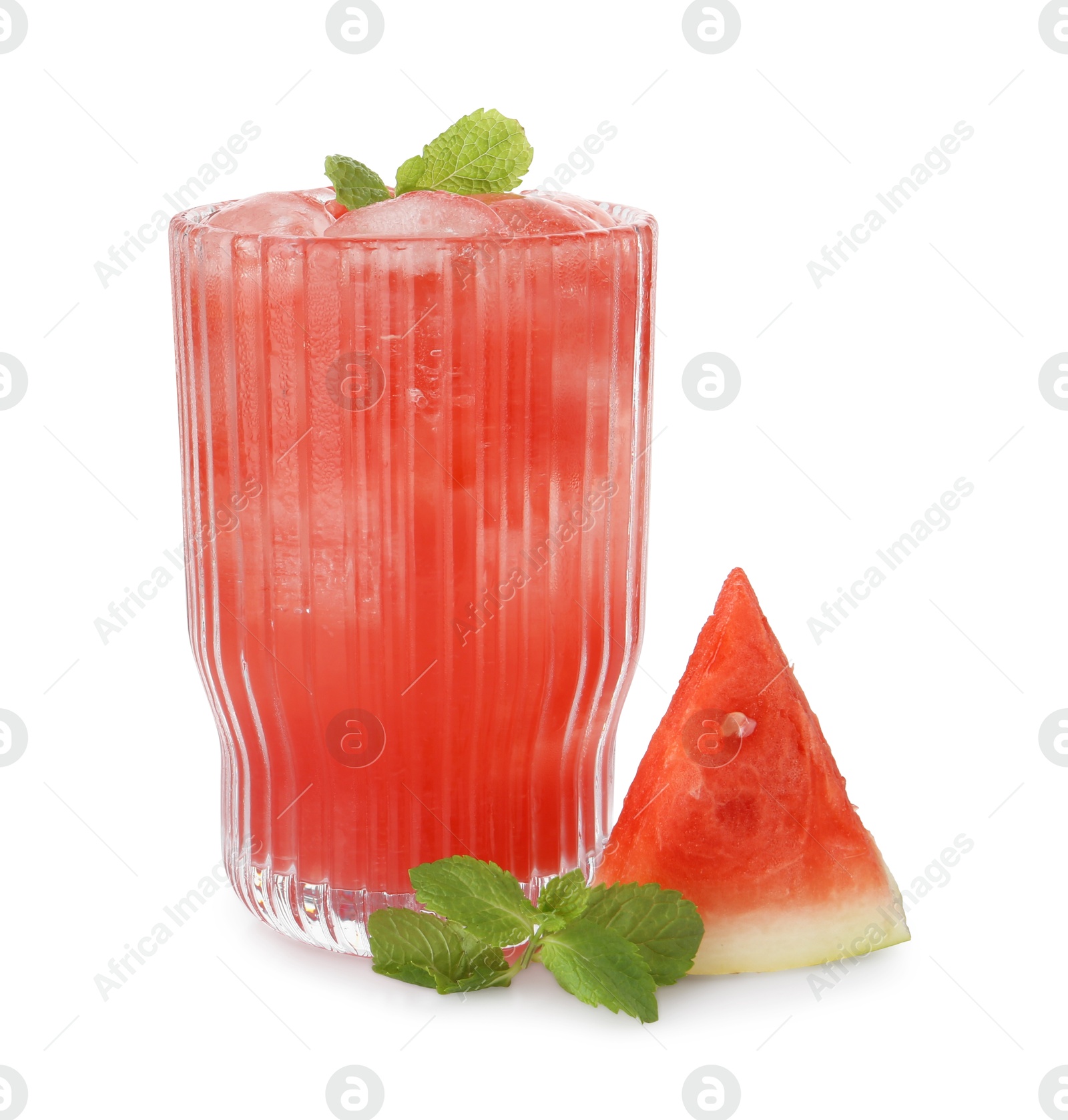 Photo of Tasty watermelon drink in glass, mint and fresh fruit isolated on white