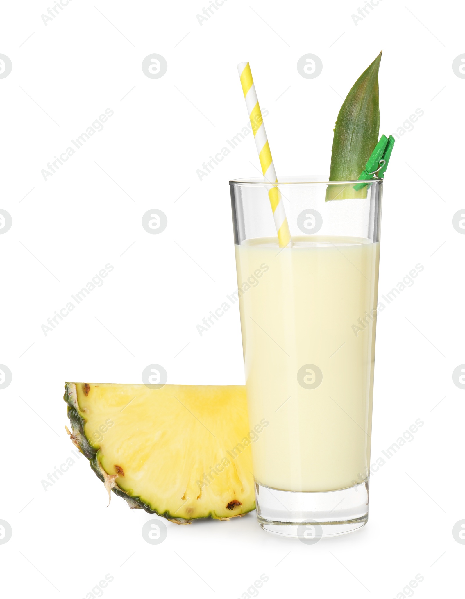 Photo of Tasty pineapple smoothie in glass and slice of fruit isolated on white