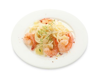 Photo of Delicious pasta with shrimps and cheese isolated on white