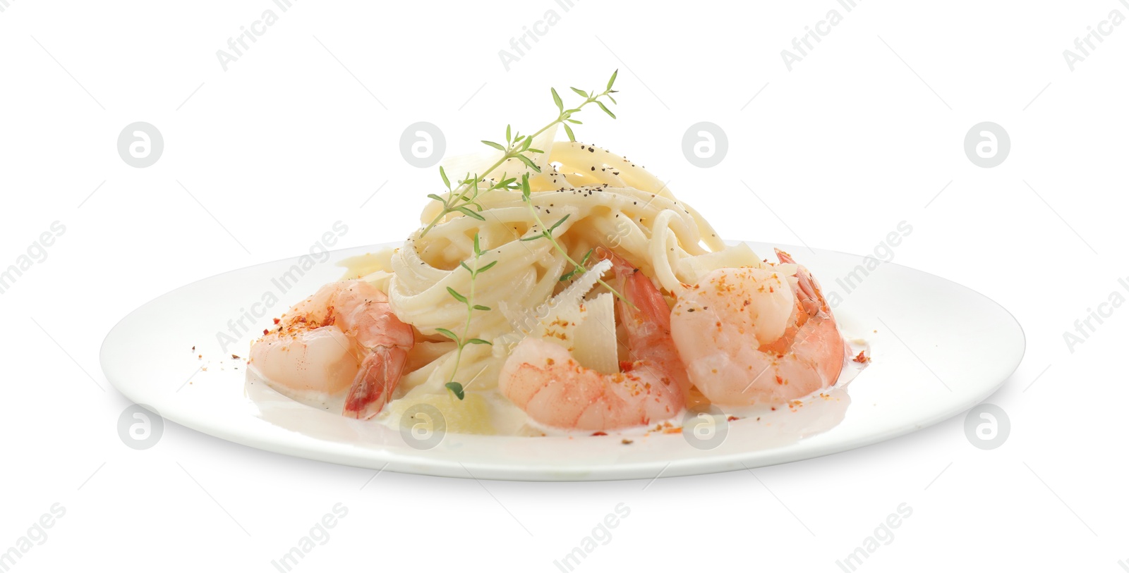 Photo of Delicious pasta with shrimps and cheese isolated on white