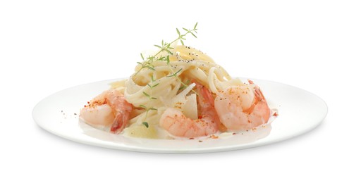 Photo of Delicious pasta with shrimps and cheese isolated on white