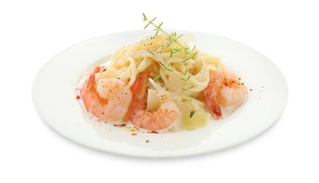 Photo of Delicious pasta with shrimps and cheese isolated on white